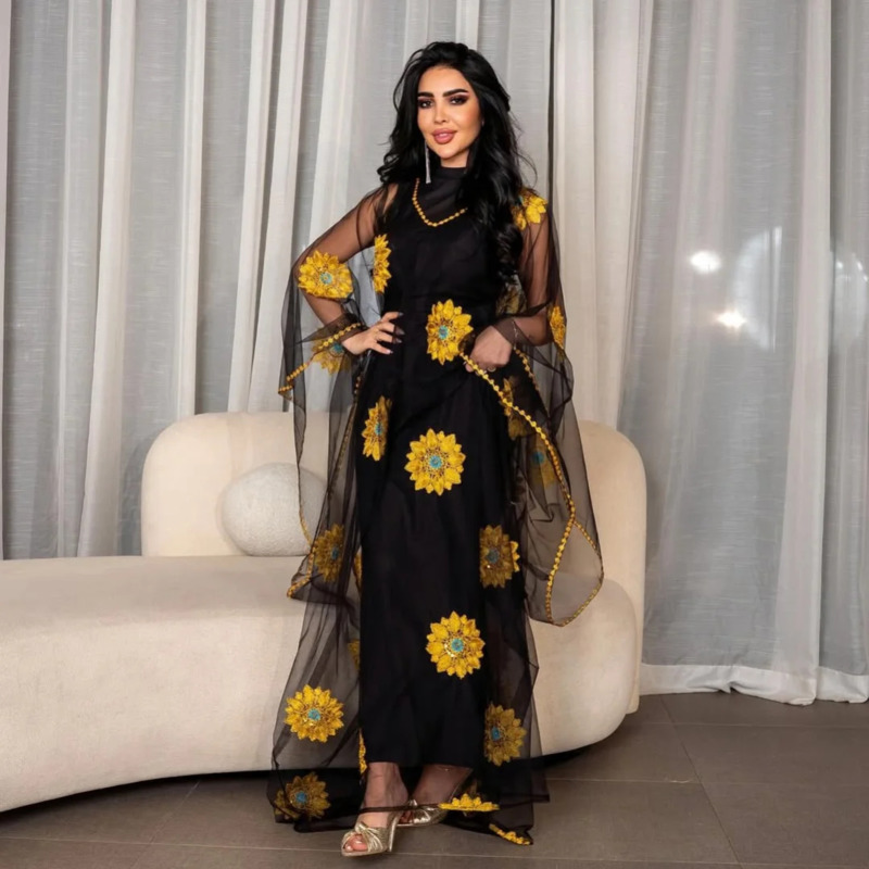 Embroidery Yellow Dress - فستان ماكسي نسائي مطرز بالزهور، بأكمام