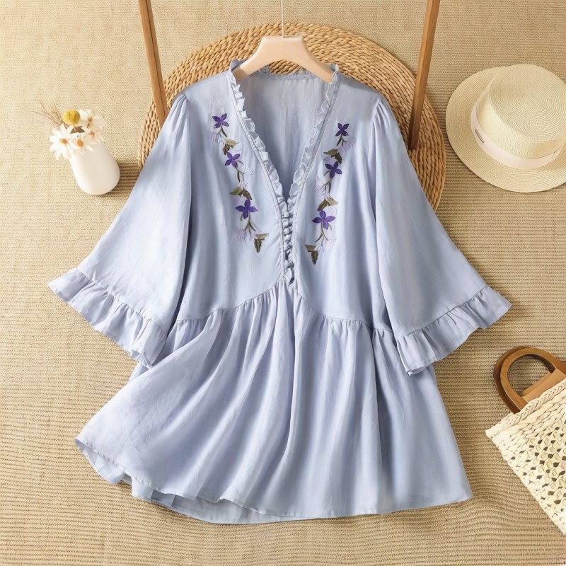 Embroidery Cotton Shirt - قميص أنيق من القطن والكتان بتطريز